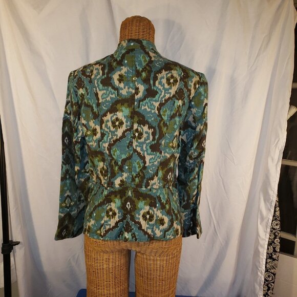 Charter Club Women's Blue Green Floral Linen Blend 3/4 Sleeve Shirt Jacket - M - Picture 3 of 4